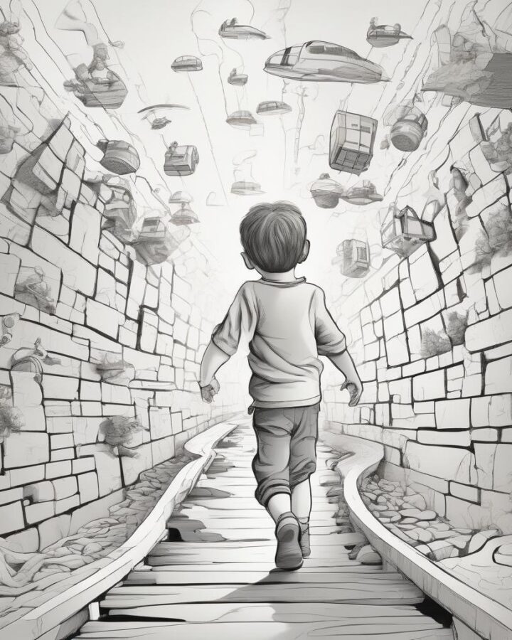 Line drawing of young boy walking away from the viewer along a crooked railway with stone walls on both sides diminishing into one point perspective with indistinguishable objects floating about him cluttering his airspace.